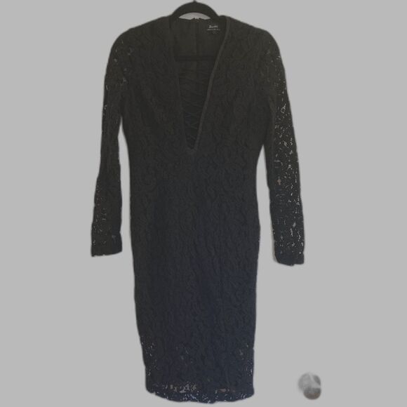 Bardot Dress 10 Black Midi Deep Plunge Lace Up Sexy Sheer Lace Cocktail Party - Picture 2 of 12